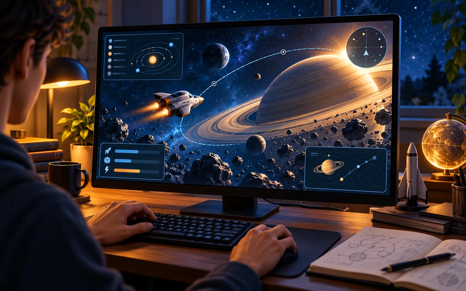 An invented browser space game displayed on a desktop monitor.