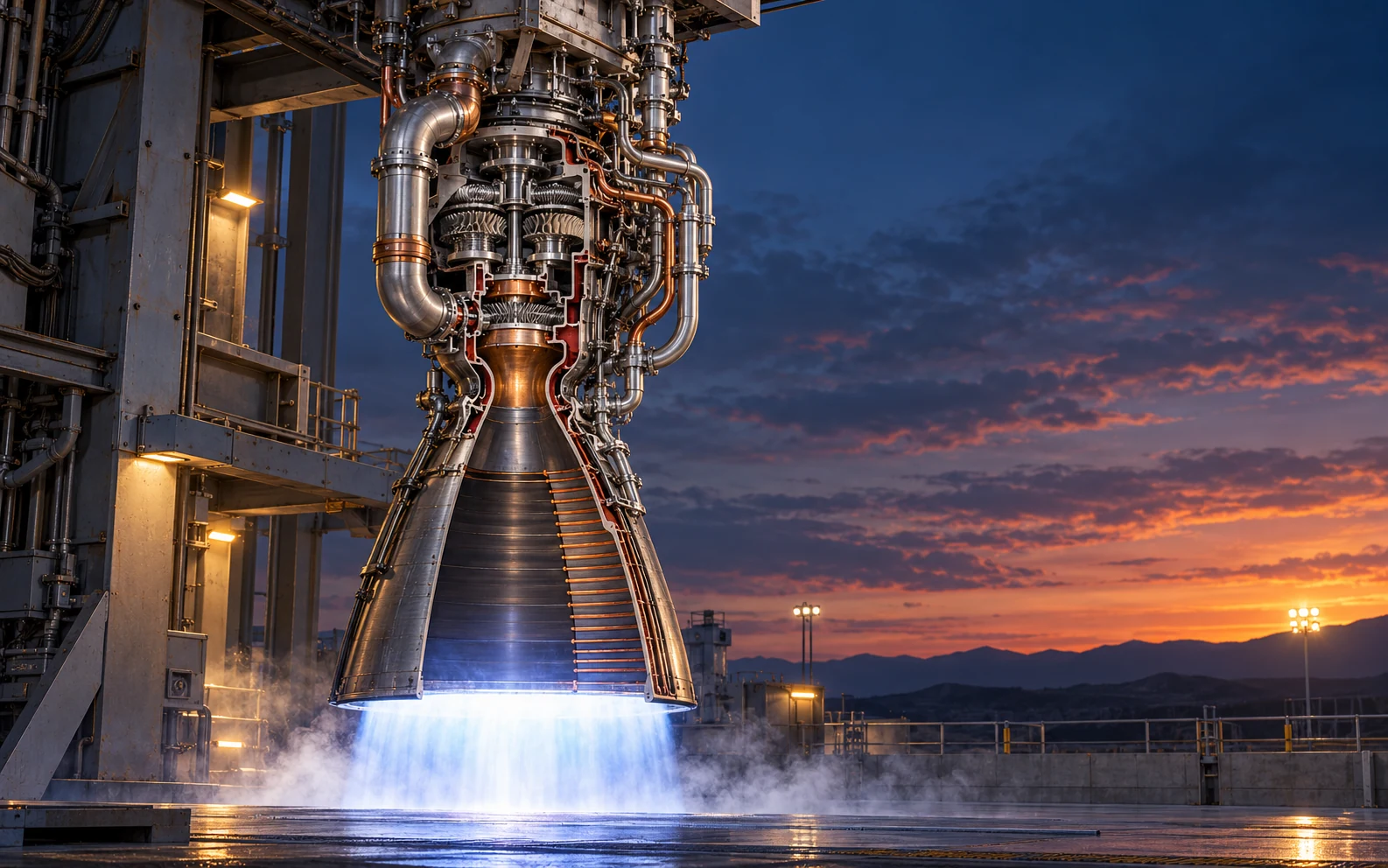 Cutaway concept of a methane and oxygen rocket engine on a test stand.