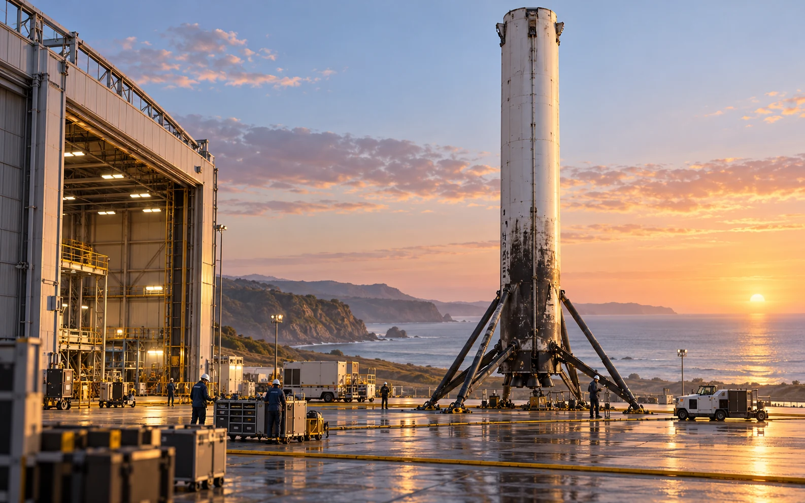 A recovered generic rocket booster beside a maintenance hangar.