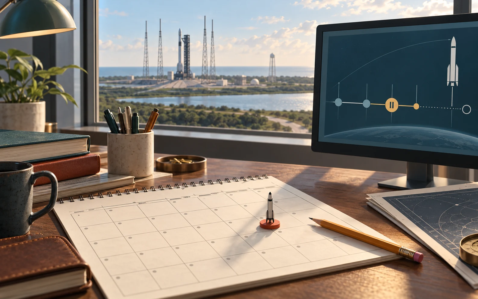 Launch planning desk with a calendar and an abstract mission timeline.