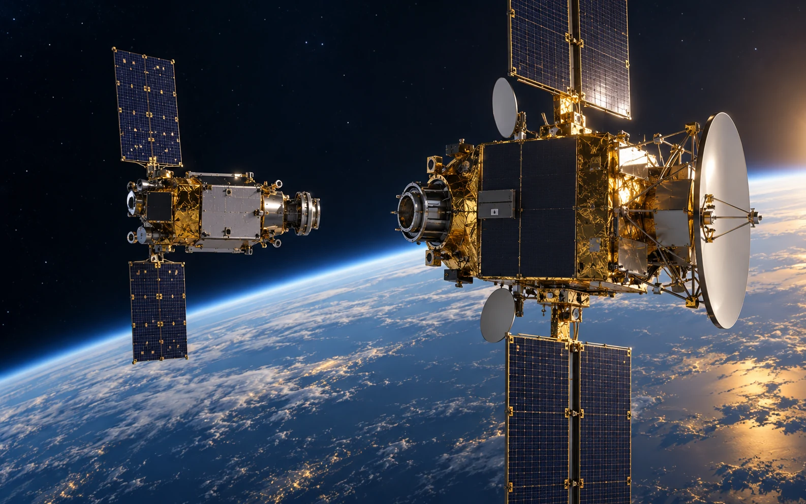 A servicing spacecraft approaches a communications satellite for docking.