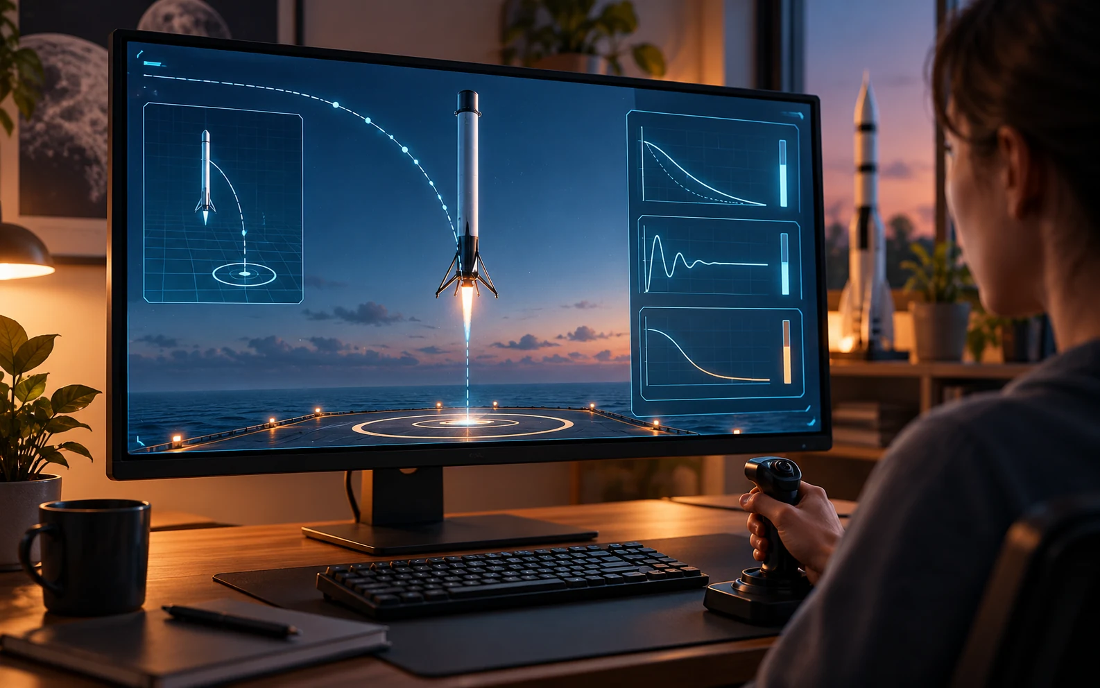 An invented rocket landing simulator displayed on a desktop monitor.