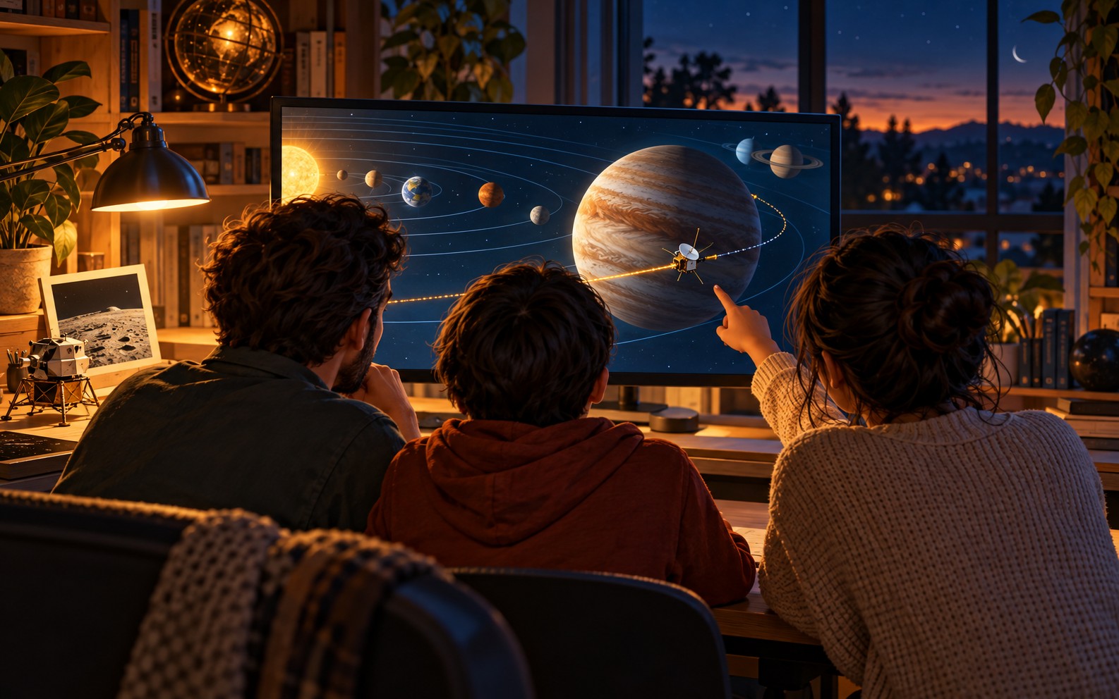 An audience explores a conceptual interactive space visualization on a monitor.
